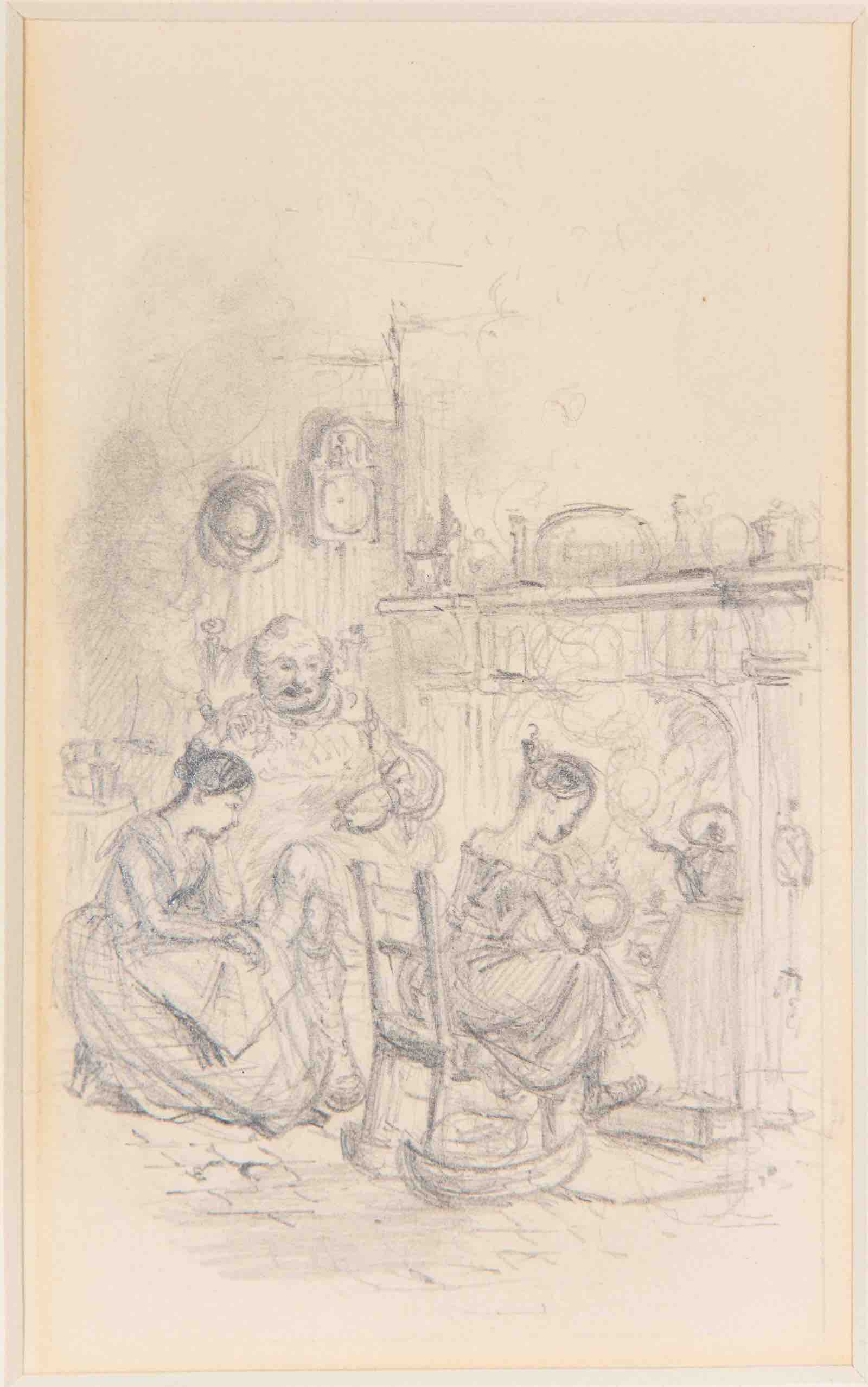 'Dot and John', pencil drawing by John Leech showing an open fire for Dickens's novella The Cricket on the Hearth