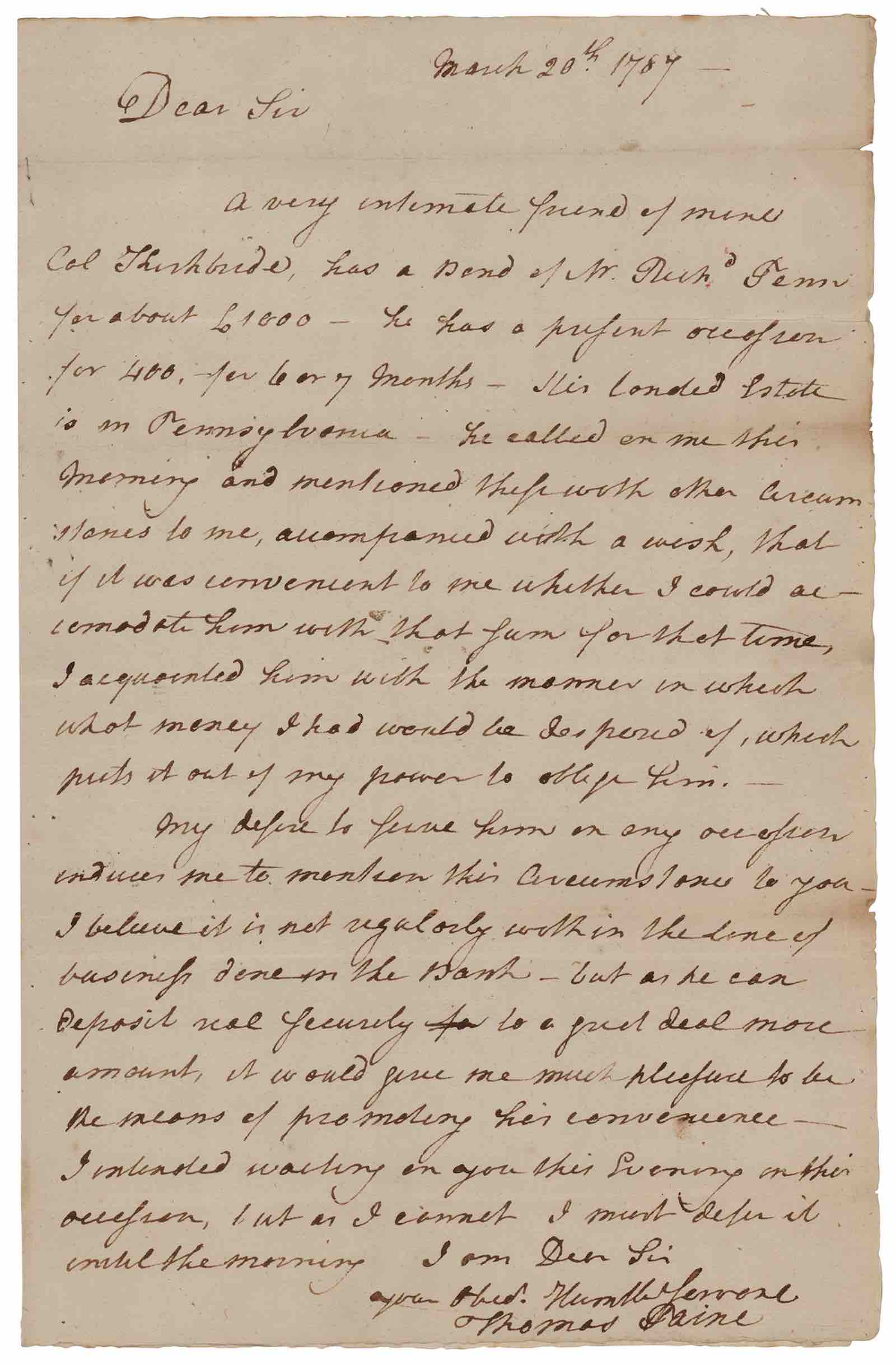 Thomas Paine Rare Autograph Letter Signed