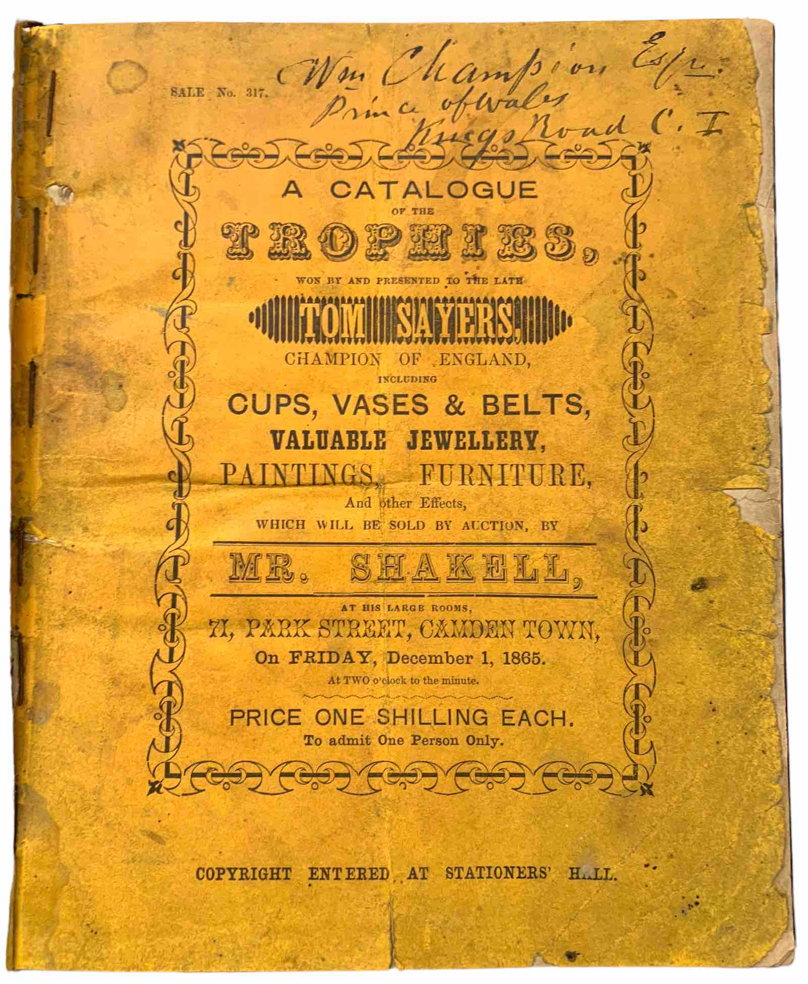 An estimated 100,000 people attended the funeral of Tom Sayers (1826-65), British heavyweight champion of England between 1857-60. After his funeral in Camden Town an auction of his personal effects was staged. The catalogue for the auction will be offered for sale by Chiswick Auctions on August 24 with an estimate of £1,000-1,500.
