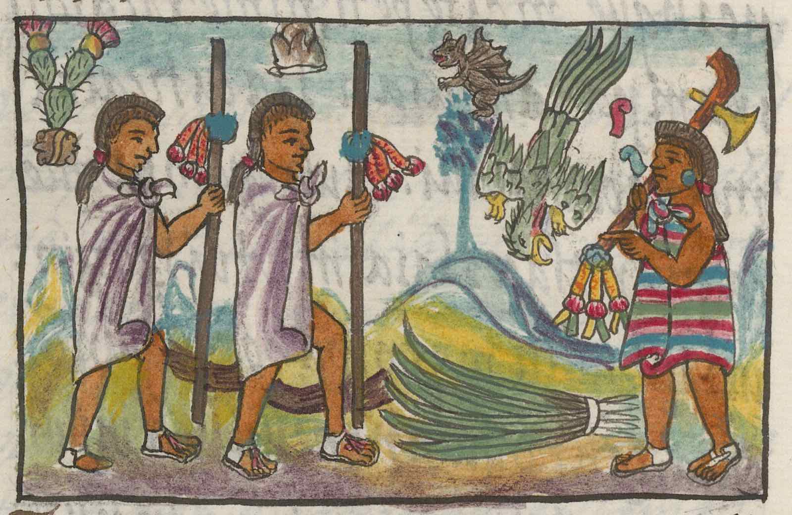 Disguised Mexica merchants in Tzinacantlan acquiring quetzal feathers in Book 9 of the Florentine Codex, 1577, Alonso Vegerano.
