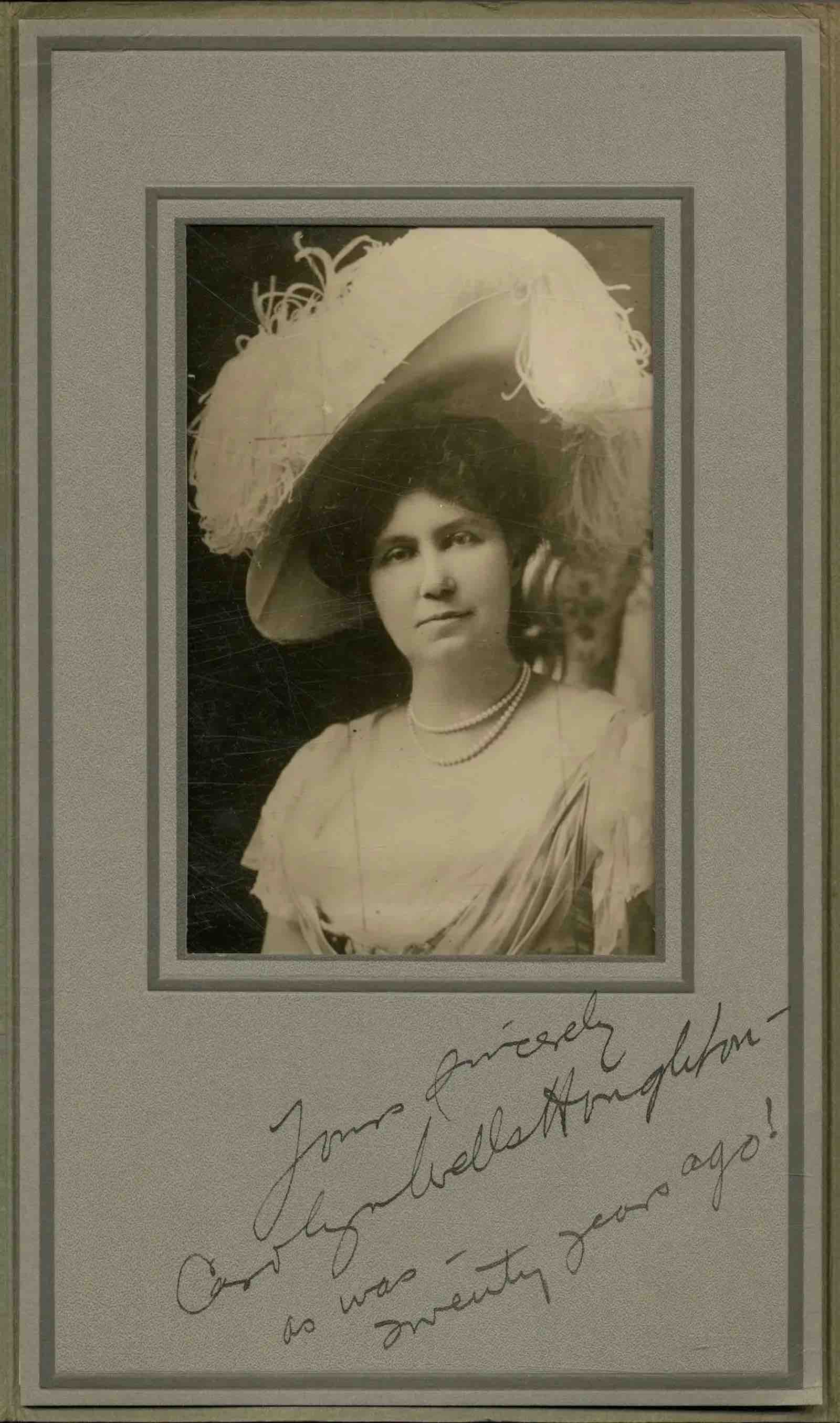 A lovely matted photo of Wells, circa 1890s, inscribed “Yours sincerely / Carolyn Wells Houghton / as was — twenty years ago!” I bought this one at Between the Covers Rare Books in 2023.