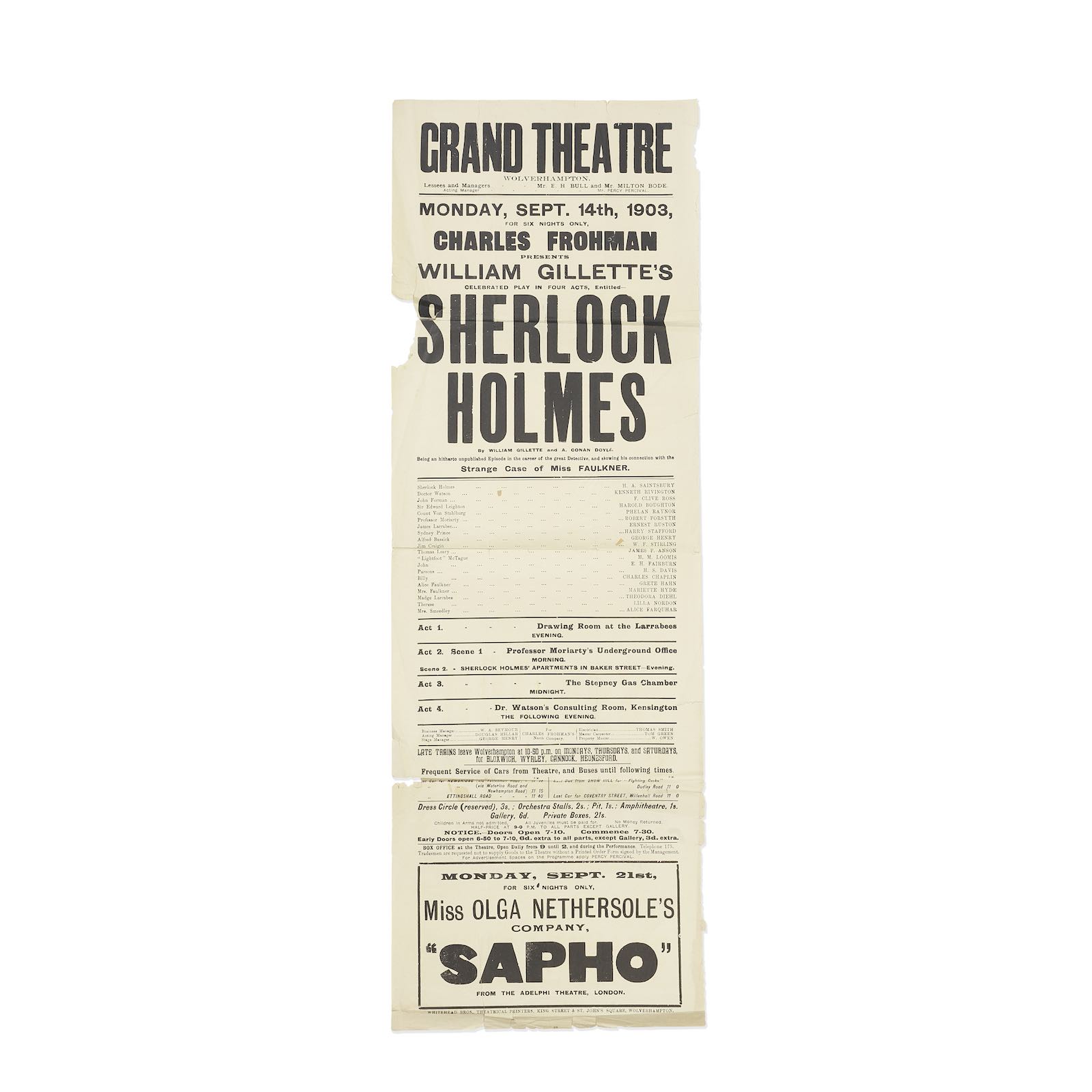 Charlie Chaplin, Playbill for Sherlock Holmes, Wolverhampton, Whitehead Bros, Theatrical Printers, 1903. Estimate: £600-800