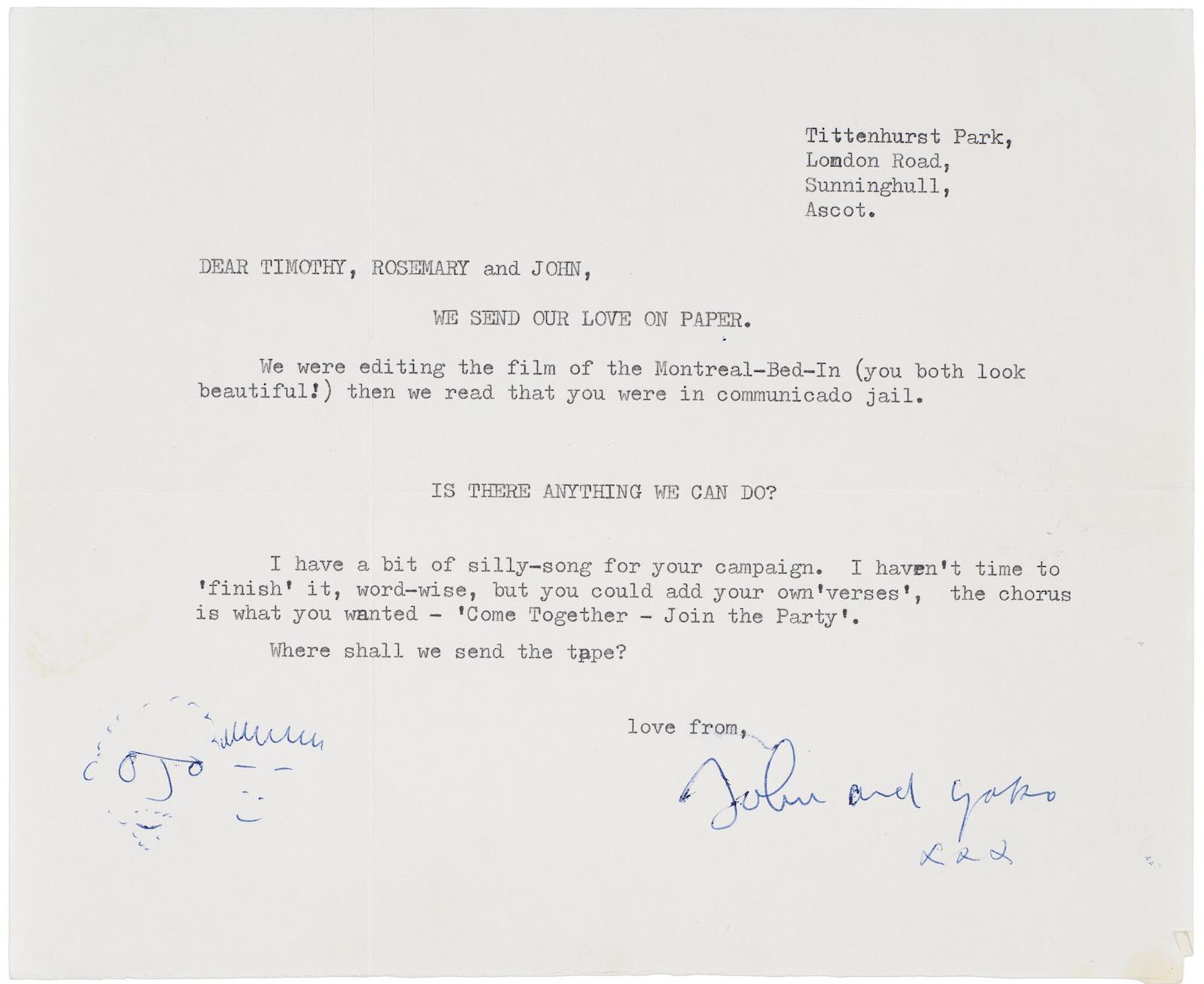 John Lennon and Yoko Ono letter