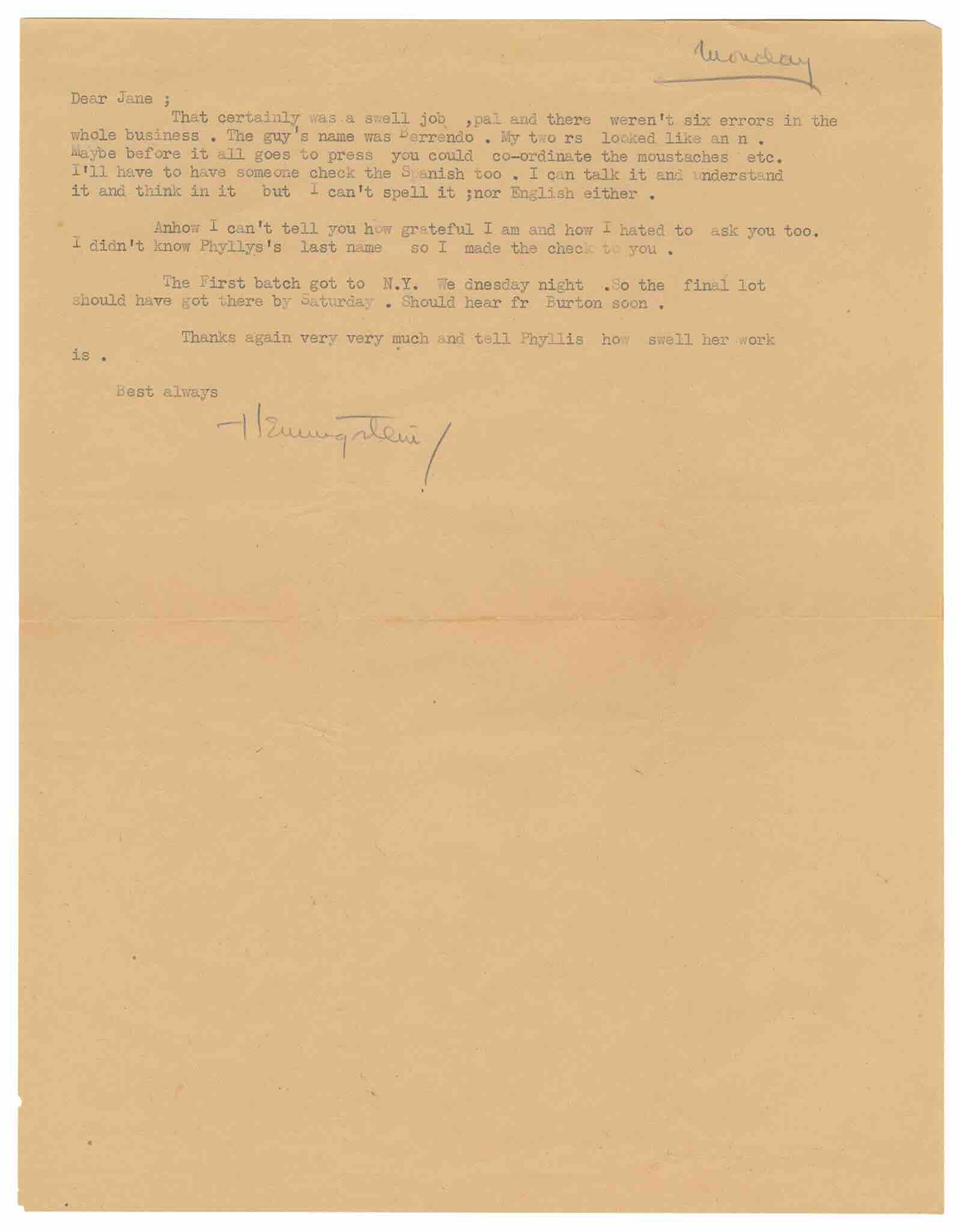 Signed typed letter to his friend and typist Jane Armstrong