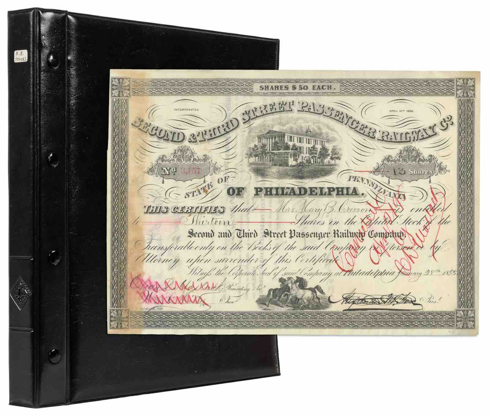 Collection of 66 stock certificates, many Philadelphia. American, ca. 1840s-1950s