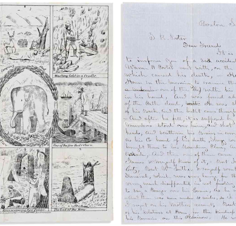 Letters of Gold Rush miner Warren H. Porter, with the report of his fatal shooting by an outlaw, 17 items, 1850-55. Estimate $15,000 to $25,000.