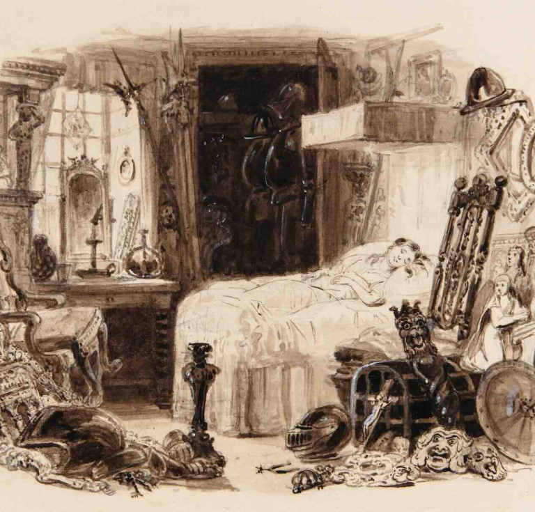 Little Nell – the beautiful child in her gentle slumber- tide by Samuel Williams. Through her deathbed scene, Dickens channelled his grief for the death of his 17-year-old sister-in-law, Mary Hogarth. Dickens’s feedback to Williams was to make Nell childish and her surroundings grim to create a starker contrast.